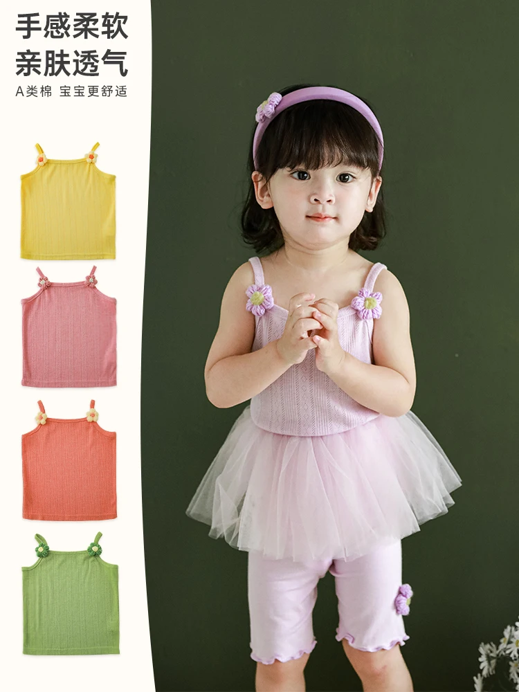 Girls' Solid Color Sling T Shirt Summer Thin Three-Dimensional Flower Children Baby Vest Breathable Cool Top Tide