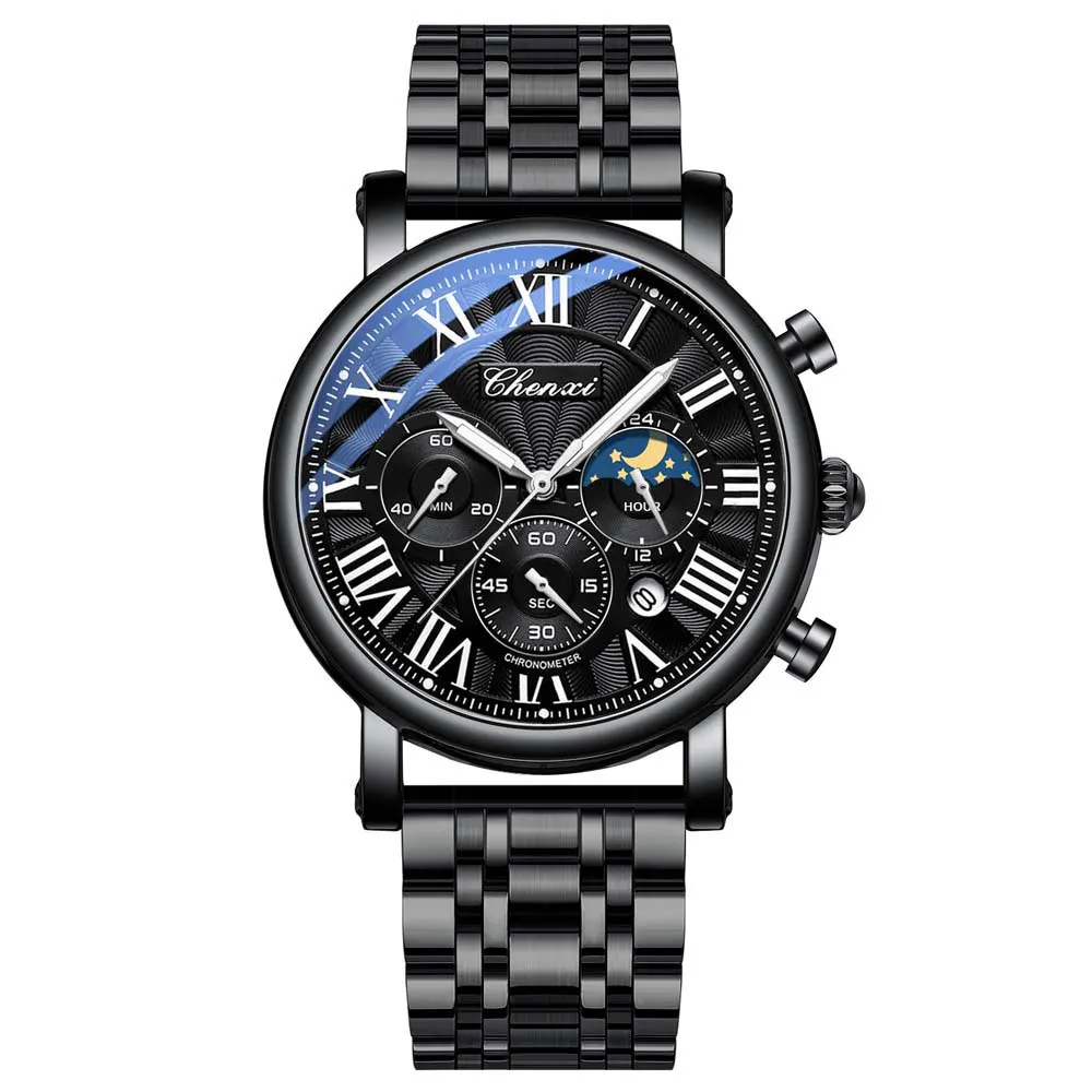 Relojes CHENXI para hombre, marca de lujo, cronógrafo de fase lunar, reloj de cuarzo luminoso resistente al agua, reloj de pulsera de acero inoxidable de alta calidad