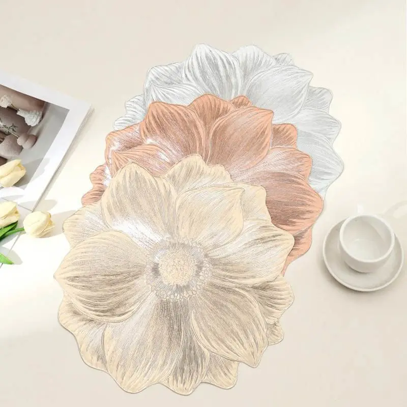 VIKAMA Champagne Lotus 3D Textured Flower Shape Round Placemats Heat Resistant Washable Non Slip Luxury Coffee Table Decor view 3