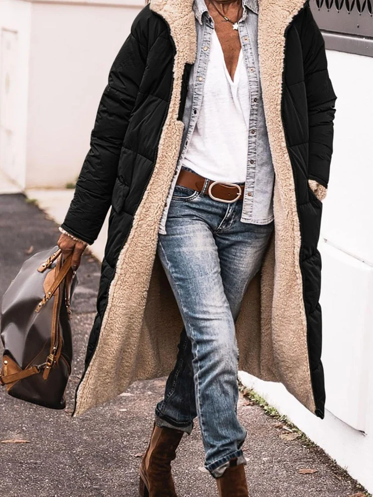 

Street Sle Hooded Long Sve Pure Color Slim Fit Cardigan Coat Women's Premium Quali Cotton Jaet Double Sided Wear