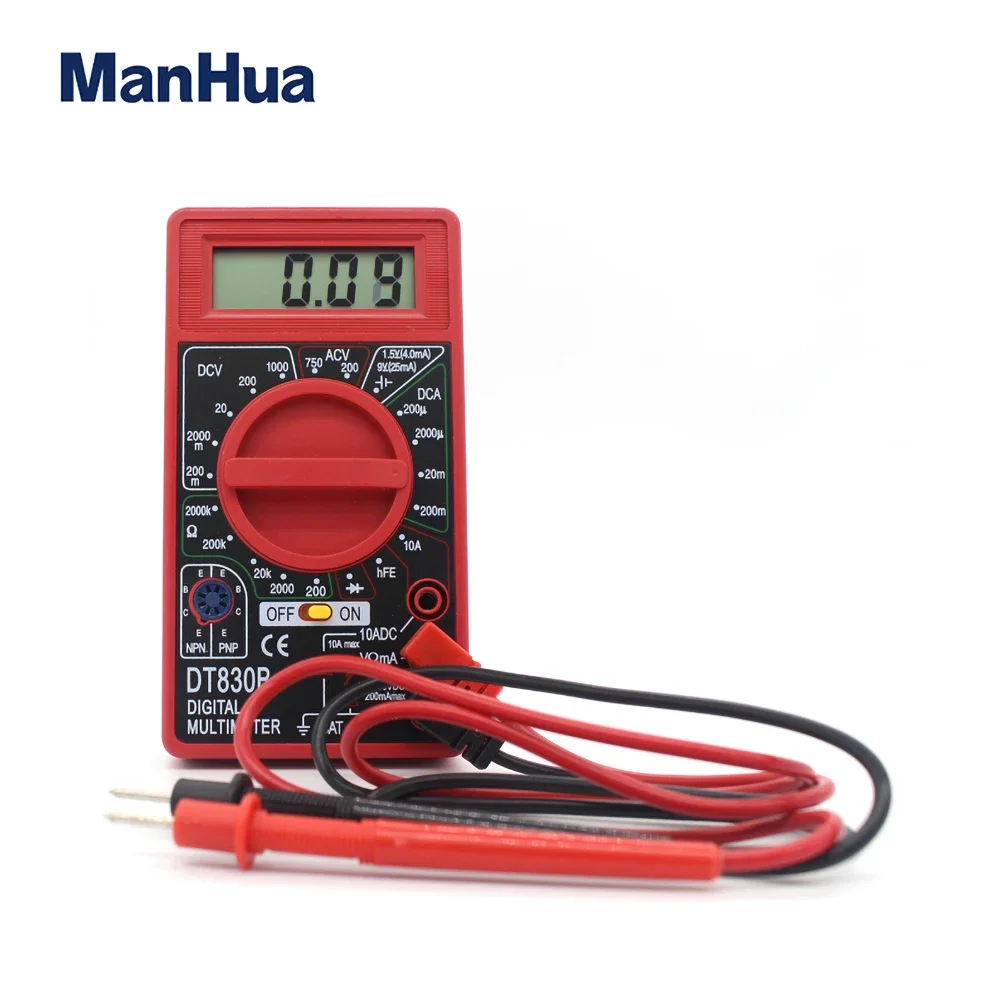 ManHua DT830B Mini Digital Multimeter with LCD Overload Protection Voltage Amperage Test Probe DC AC Red