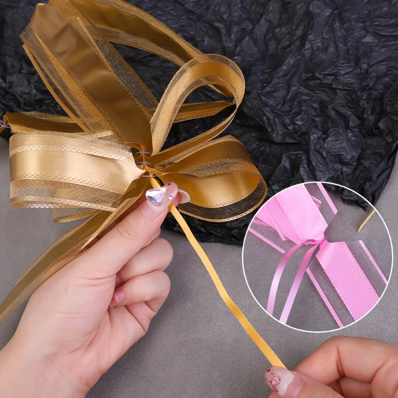 5/1pcs Golden Pull Bow Tulle Ribbon Bows Wedding Party Cars Birthday Christmas Presents Gift Decoration Gold Wedding Bowknot