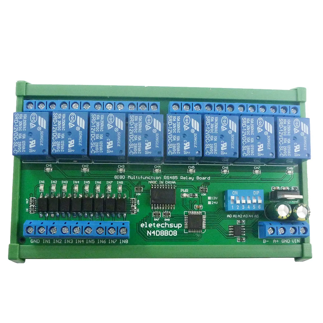 DC 12V 24V 8 izolowanych wejść i 8 wyjść DIN35 C45 Skrzynka szynowa UART RS485 Moduł przekaźnika Modbus RTU Płytka przełącznika sterującego