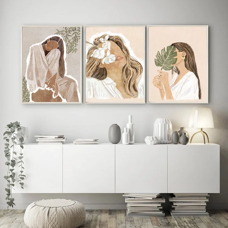 Bohemian Woman Portrait and Leaf Print Poster Unisex Modern Trend Minimalist Canvas Painting Bedroom Decorative Wall Art