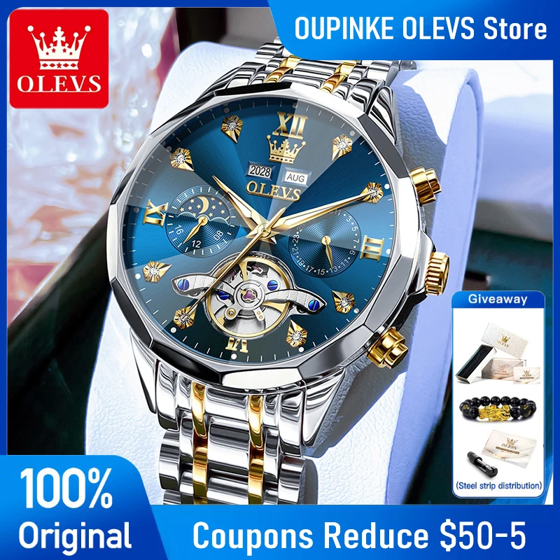 

OLEVS 6621 Mens Watch Luxury Tourbillon Mechanical Watch Waterproof Luminous Perpetual Calendar Moon Phase Watches For Man Gift