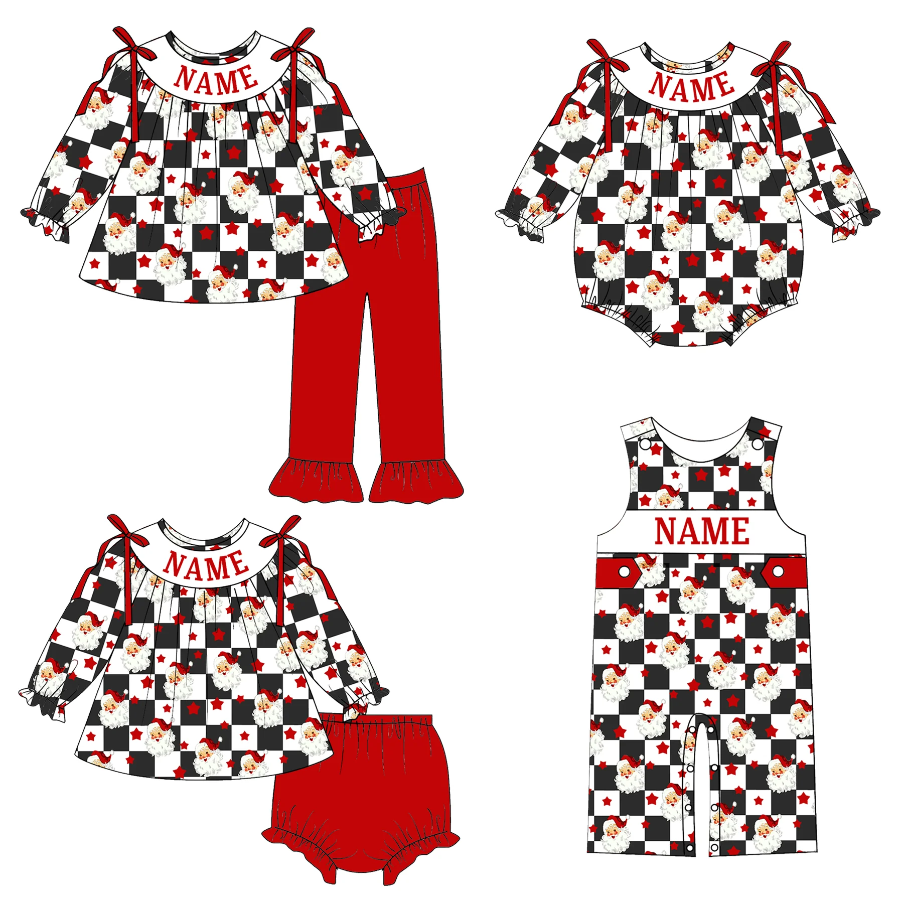 Custom Name Boutique Christmas Long-Sleeve Santa Print Outfit for Girls Baby Boys Jumpsuit Infant Girl Romper