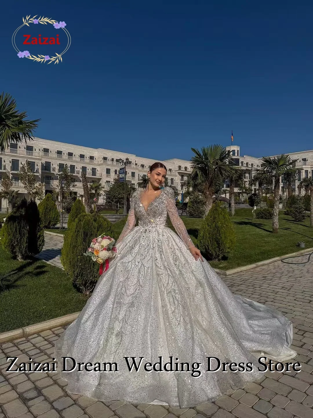 Customized 2026 Pearl Beaded Wedding Dress Long Sleeves Ball Gown Bridal Dress Sparkly Princess Wedding Gown Vestido De Novia