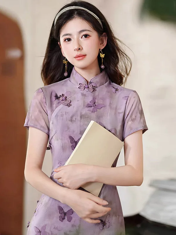 

Новое фиолетовое китайское длинное платье-ципао с коротким рукавом для женщин, в стиле ретро, летнее, модное, традиционный костюм