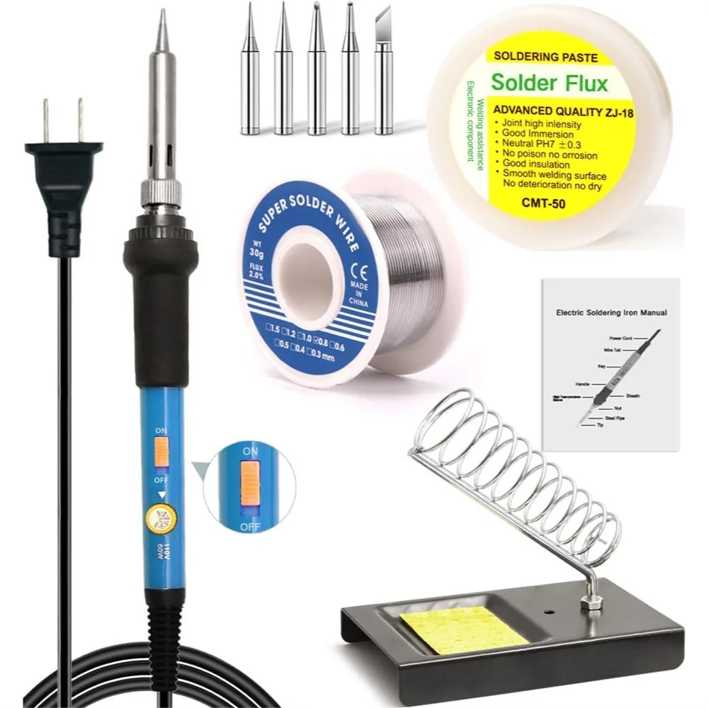 

60W Soldering Iron Kit, Adjustable Temperature Electric Soldering Gun with ON/OFF Switch, Solder Wire, Flux Paste, Stand