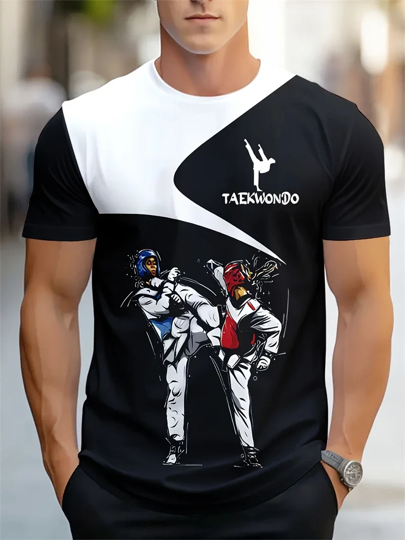 Men's Taekwondo Fight Print T Shirt Martial Arts Karate Graphic Tee Black White Color Block Sporty Tops Man Sports Clothes