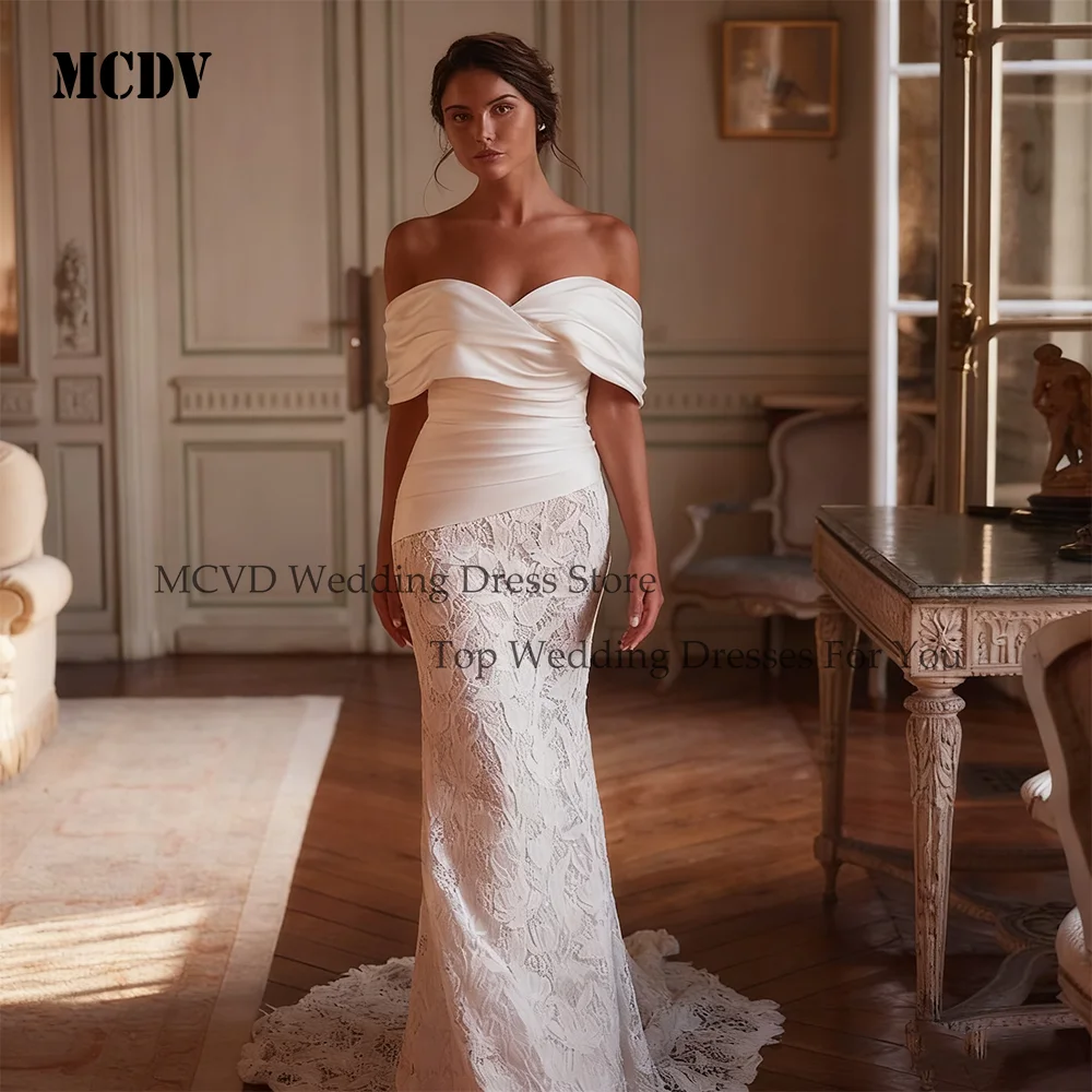 

MCDV Mermaid Wedding Dresses Luxury 2025 V-Neck Satin Vestido De Novia Lace Appliques Off Shoulder Customized Bridal Gowns