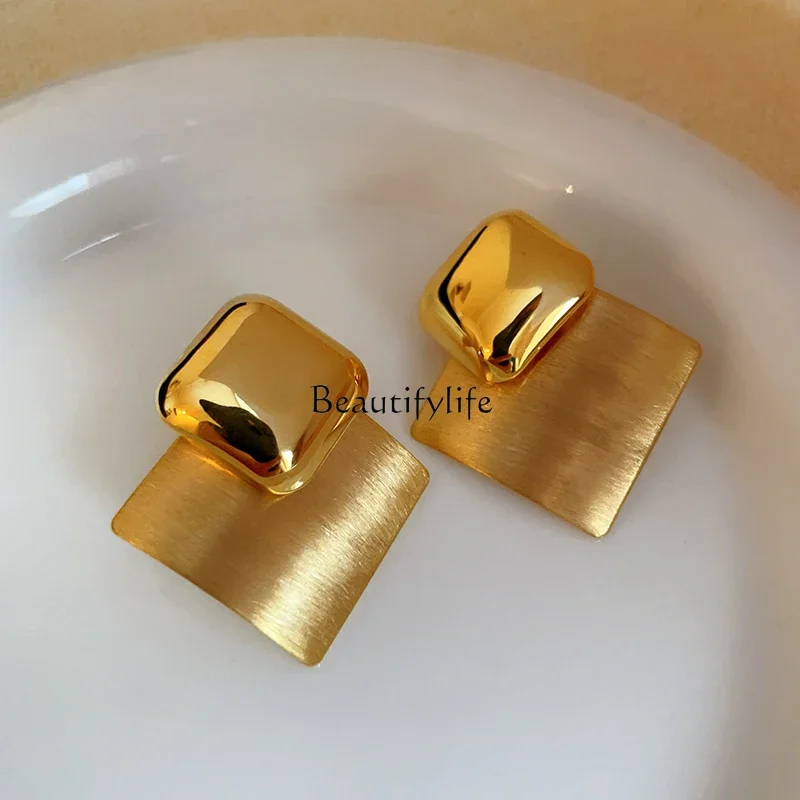 Gold brushed stud earrings, high-end sense, light luxury, exaggerated retro Hong Kong style temperament, earrings for women