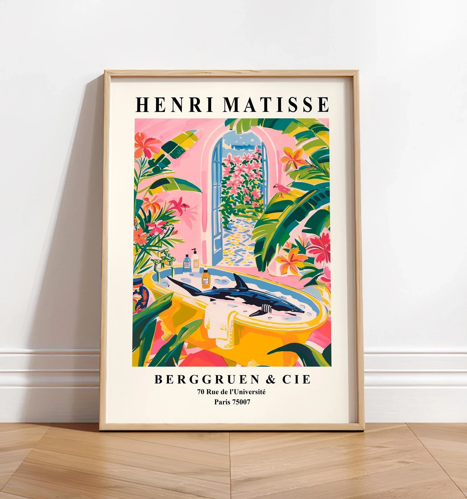 Hai in Badewannen-Kunstdruck, lustiges Strandhaus-Dekor, rosa tropischer Druck, Henri Matisse Kunst, Badezimmer-Wandkunst, Surf-Geschenk