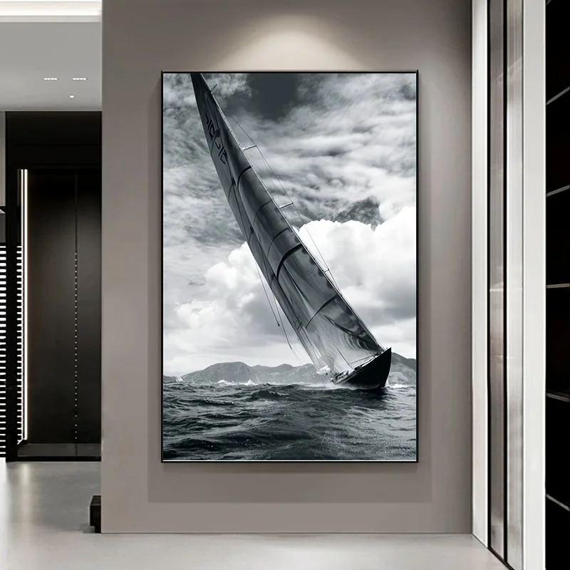 2D/FLAT، واحد غير مؤطر، لوحة فنية قماشية للإبحار على البحر باللون الرمادي الحديث، لوحة زخرفية كبيرة الحجم، جدار غرفة المعيشة #5