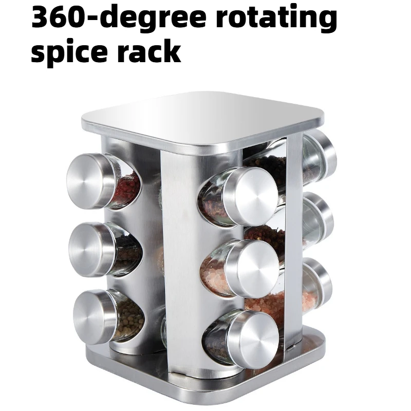 360-Degree Rotating Stainless Steel Spice Rack, Spice Jars, Multi-Compartment Spice Rack, Kitchen Storage