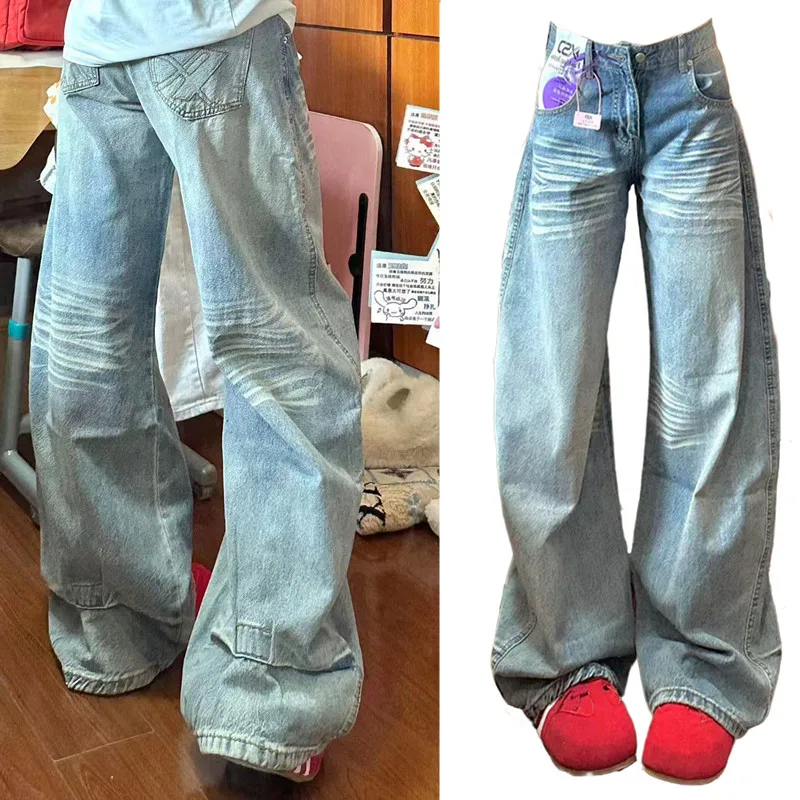 กางเกงยีนส์ทรงขากว้างสไตล์อเมริกันย้อนยุคสำหรับผู้หญิง ทรงหลวมตรง ยาว ใส่สบาย รุ่นใหม่สำหรับฤดูใบไม้ร่วง ช่วยให้ดูผอมเพรียว ทันสมัย