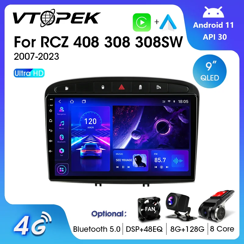 Автомобильный мультимедийный плеер Vtopek 2Din для Peugeot 408 308 SW 2012-2016 с 4G Android 11 навигацией GPS видеоплеер DVR...