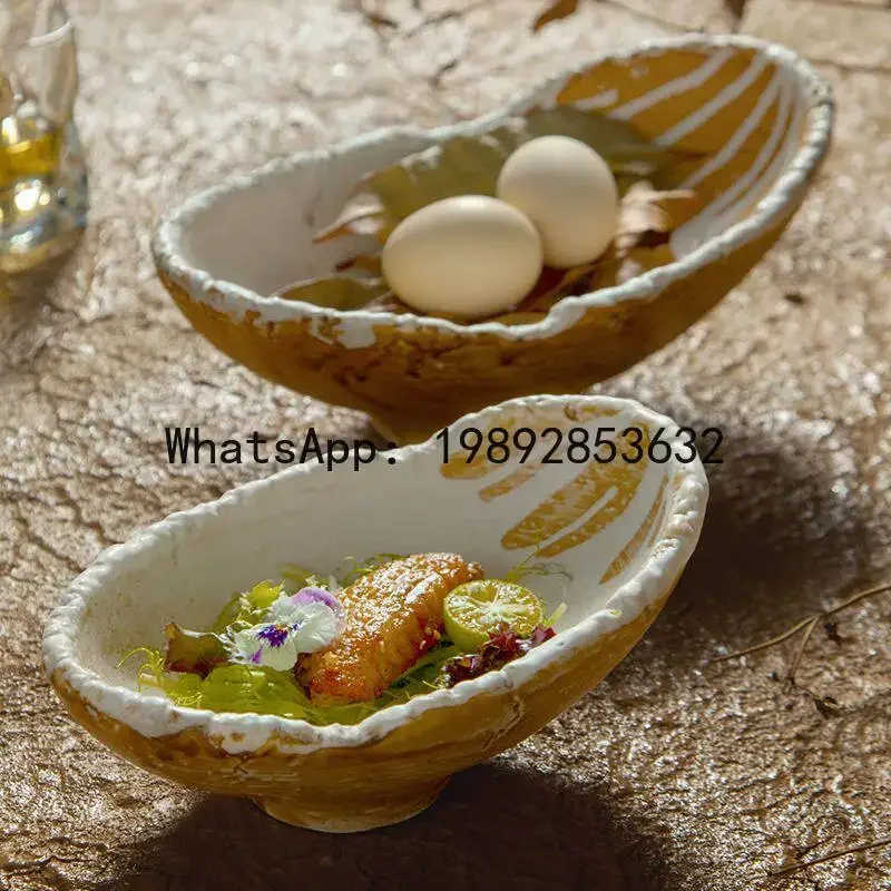 b153Artistic ceramic tableware, thick and irregular shaped long vegetable bowls, restaurant long and deep soup bowls