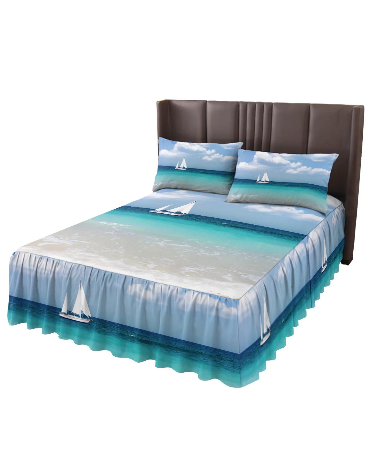 Sea Beach Sailing Clouds Bed Skirt Elastic Fitted Bedspread With Pillowcases Bed Protector Mattress Cover Bedding Set Bed Sheet