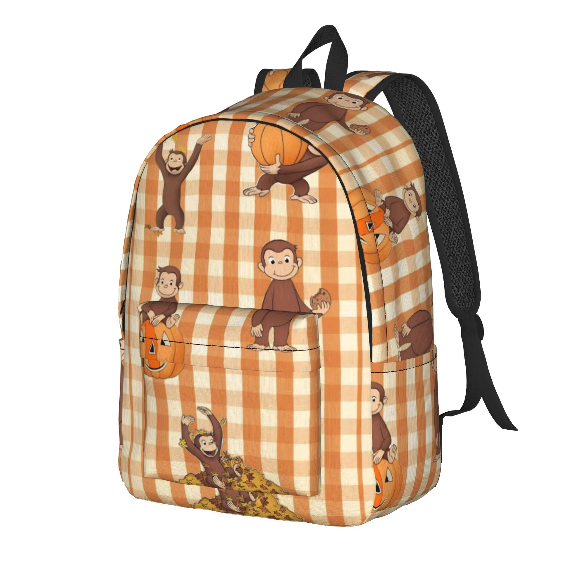Halloween Curious George Checkered(1) Backpack  Unisex Polyester Workout Backpacks Large Novelty High School Bags Rucksack