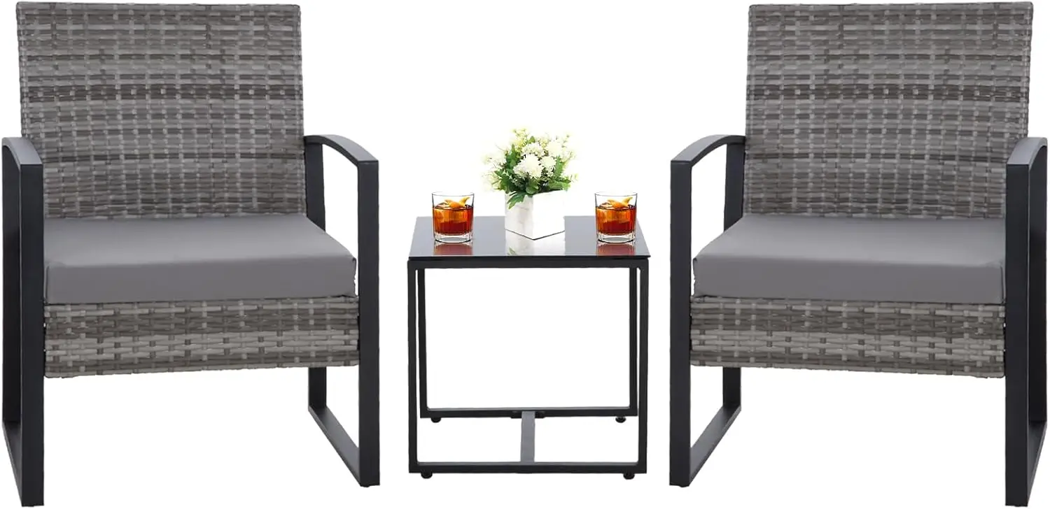 

HYDRAGARDEN 3PCS Patio Furniture Set, Outdoor Wicker Bistro Conversation Set with Padded Cushions & Glass Table