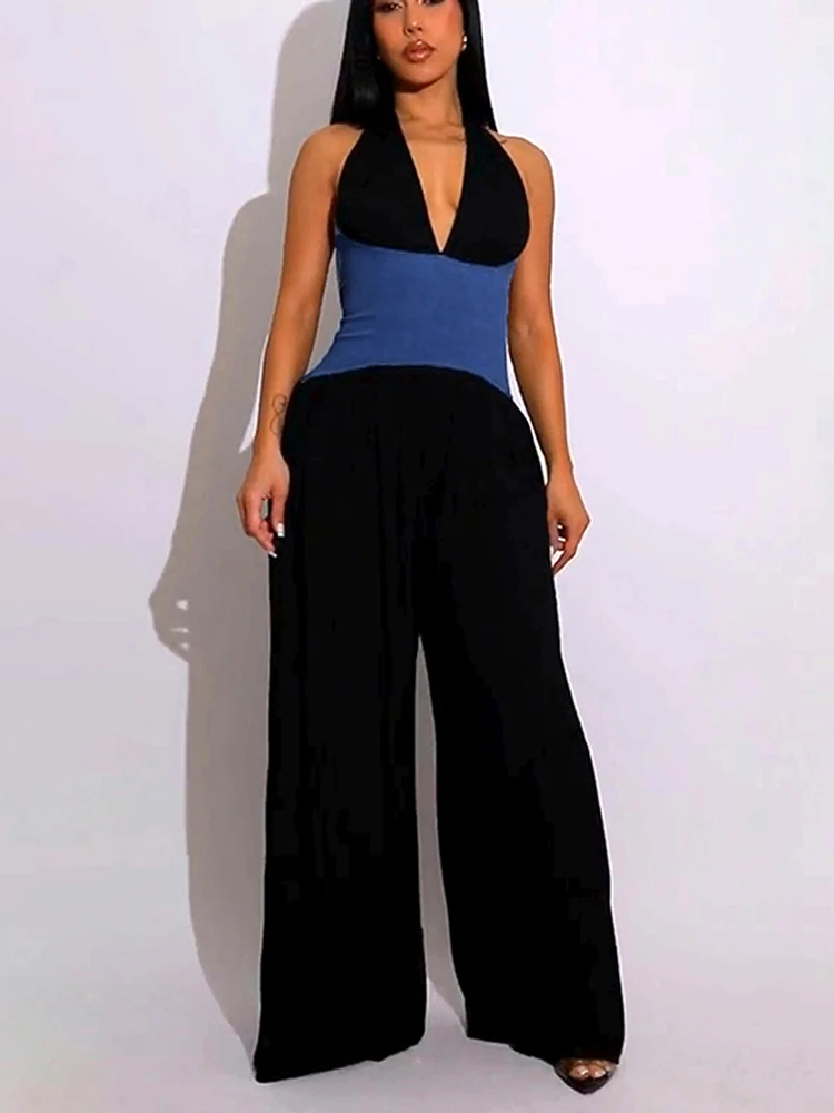 Aneh Puss Kontras Patchwork Lebar Kaki Jumpsuit Wanita Renda Halter Leher Rendah Punggung Terbuka Tanpa Lengan Ritsleting Ruched Fashion Overall