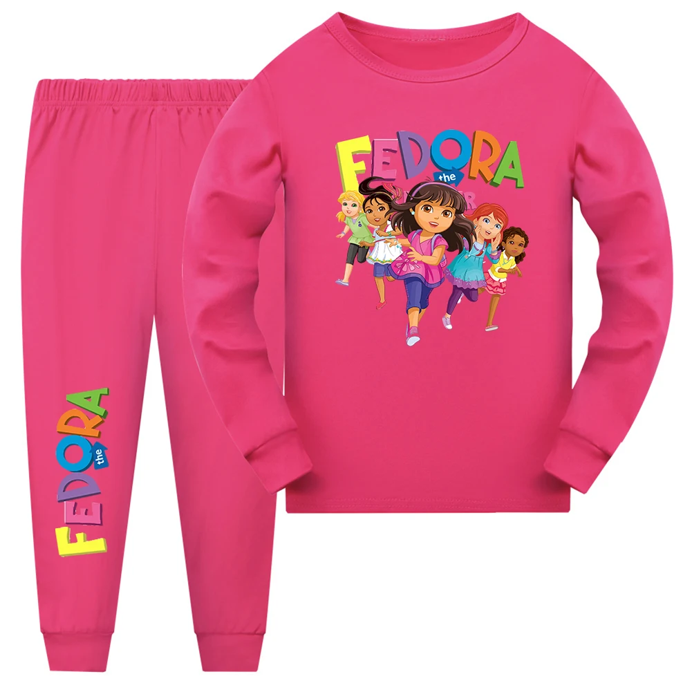 2024 Girls Doras The Explorer Animated Cartoon Print Design O-neck Long Sleeve and Pants Two-piece Suit for Children 3-14 Years