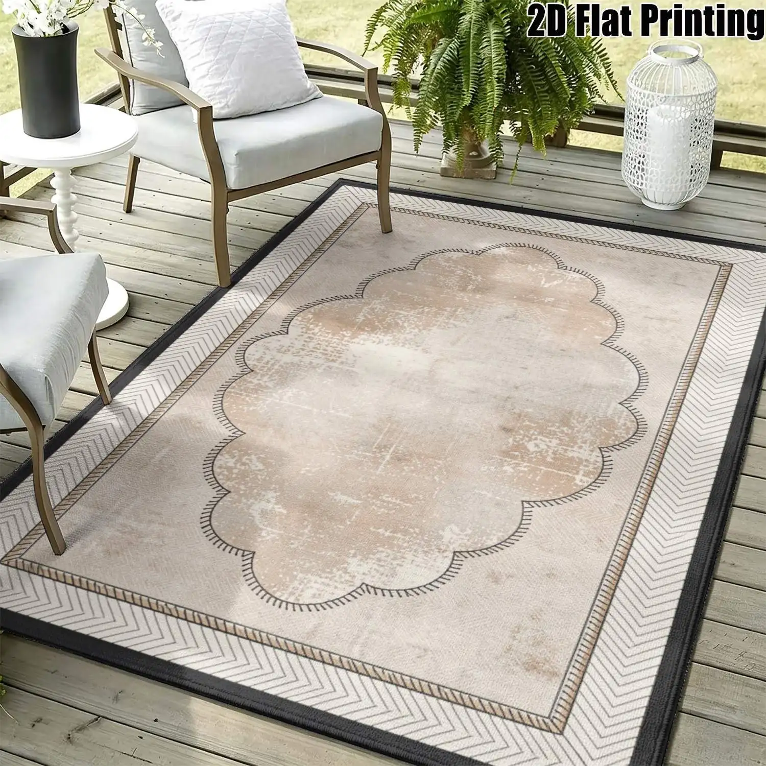 1Pc 2D Printed Beige Retro Floral Carpet: European-Style Retro, Geometric & Minimalist Art Decor, Multi-Size, Machine Washable, for Entryway, Dining Room, Foyer, Living Room, Bedroom