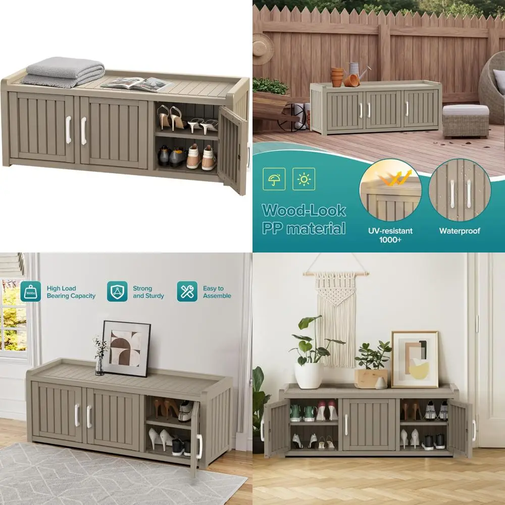 

Устойчивая к атмосферным воздействиям скамейка для хранения обуви с регулируемыми полками для внутреннего и наружного использования.