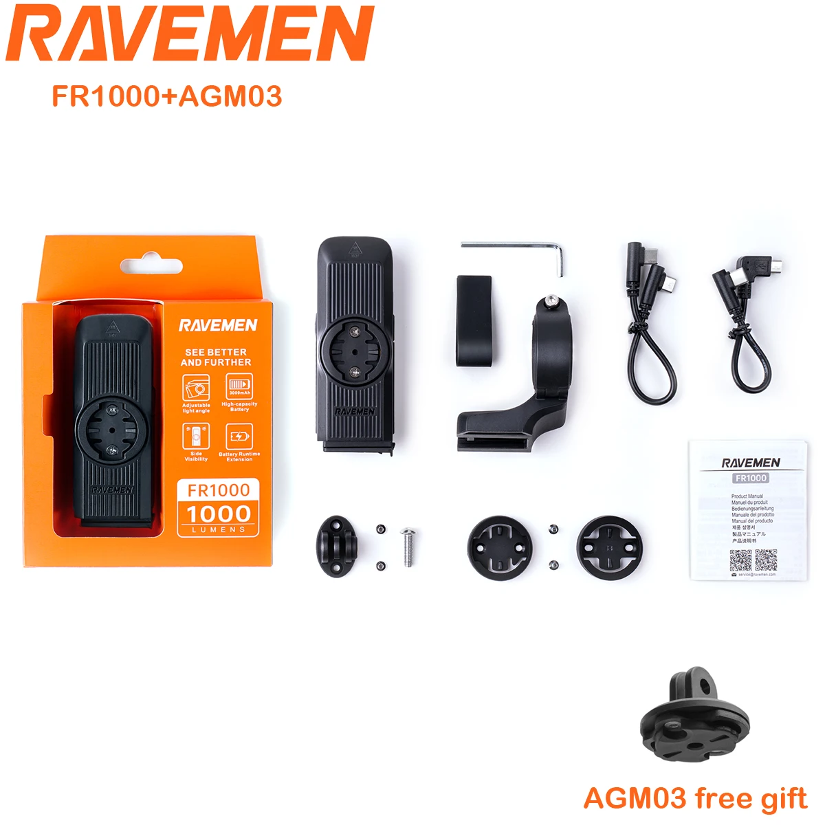 مصباح أمامي للدراجة RAVEMEN FR1000 لـ Garmin Wahoo Bryton IGPSPORT GPS قابل لإعادة الشحن للدراجة مصباح أمامي وتصميم قوس + AGM03