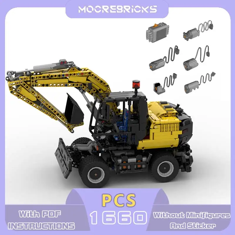 MOC Remote Control Wheeled Excavator Building Blocks Set Mechanical Engineering Vehicle Model Bricks Toy Gift For Adults