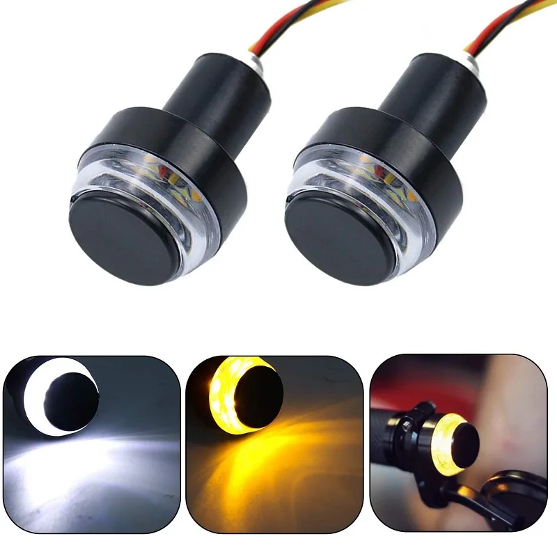 2Pcs 12V Motorcycle LED Handlebar End Turn Signal Light White Yellow Flasher Handle Grip Bar Blinker Side Marker Lamp Lighting