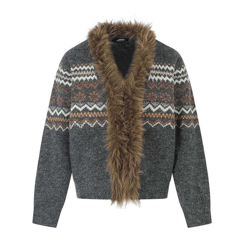 Men's Fashion Floral Knitted Sweater With Faux Fur Collar V Neck Autumn Winter Jumpers Knitwear For Male Tops Cardigan