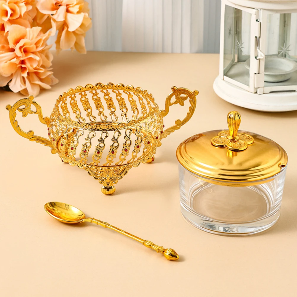 

Glass Sugar Jar European Style Gold Color Sealed Lid Kitchen Storage Candy Canister Dry Food Holder Tea Coffee Snack Vessel