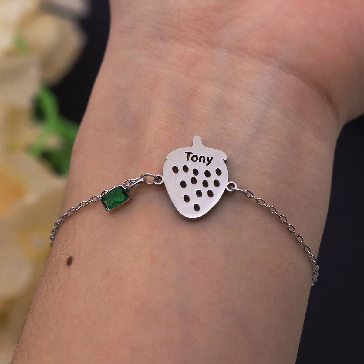 Chandler Dainty Strawberry Charm Bracelet, Custom Name Engraved, Stainless Steel Wrist Jewelry, Sentimental Gift for Best Friend