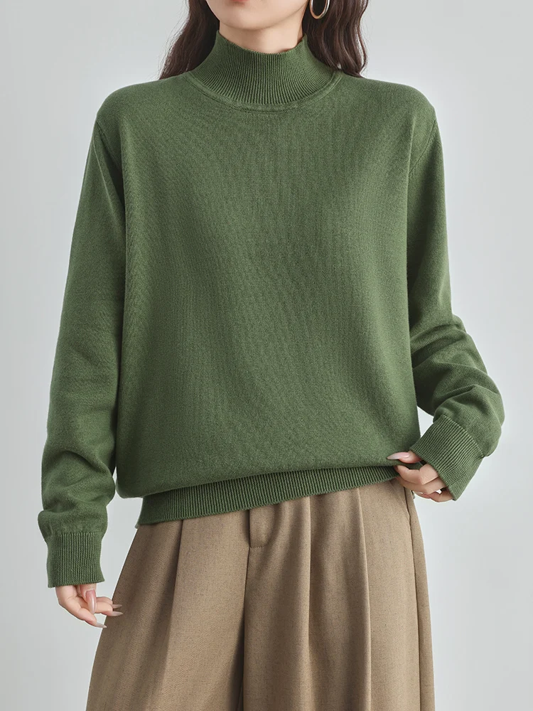 

Women Knitwear 100% All Cotton Pullover Spring Fall Fashion Half height Neck Long sleeves Thick Basics natural fiber Cotton Top