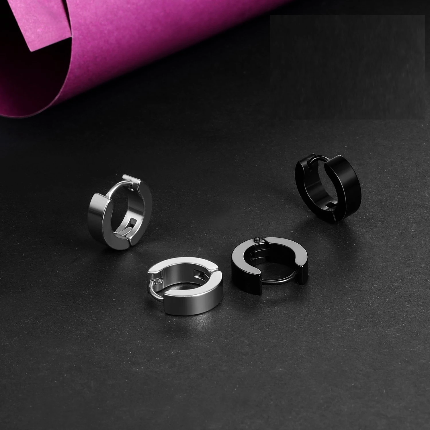2 Pairs Hypoallergenic Stainless Steel Men Urban Hoop Earrings Jewelry Set Huggie Earrings Hinged Hoop Dangle Earrings