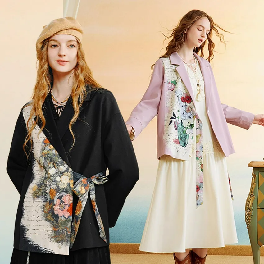 

Европейские блейзеры, женские свободные пальто, весеннее женское винтажное пальто с цветочным принтом, черные пояса, ретро пиджаки в стиле Харадзюку, верхняя одежда NZ165