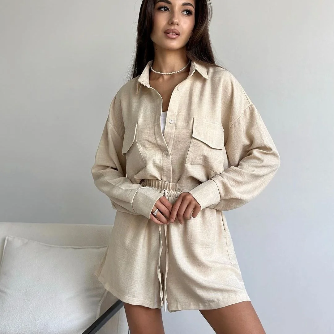 

Women's Commute Long Sve irt And orts Set Midi Length Outfit Two Piece Suit Collar Button down Casual Faion