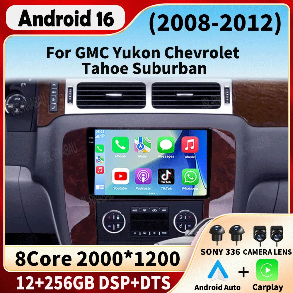 Android 16 For GMC Yukon Chevrolet Tahoe Suburban 2008-2012 Multimedia Video Player Car Radio Navigation Stereo GPS dvd