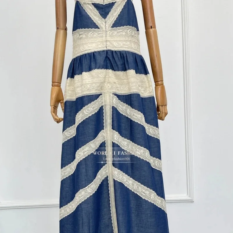 Vestido de mujer 2026 primavera nuevo blanco azul encaje Patchwork sin mangas vestidos Midi