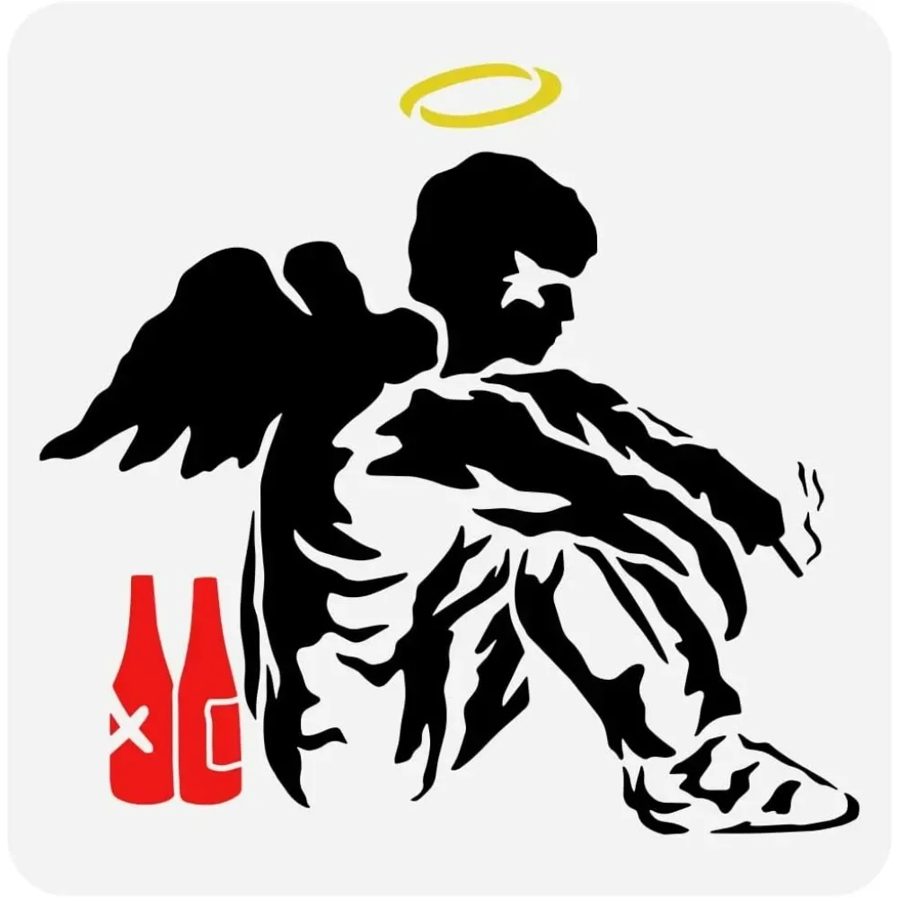 Banksy Fallen Angel Stencil 11.8x11.8inch Reusable Fallen Angel with Wine Bottles Pattern Painting Template DIY Art Banksy