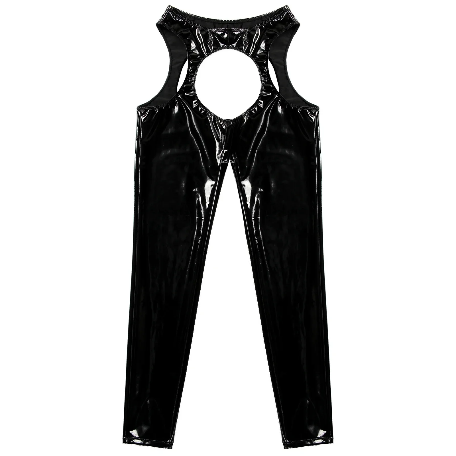 Women Sexy Crotchless Open Butt Pants Wet Look Patent Leather Trousers High Waist Cutout Leggings Nightclub Clubwear Nightwear