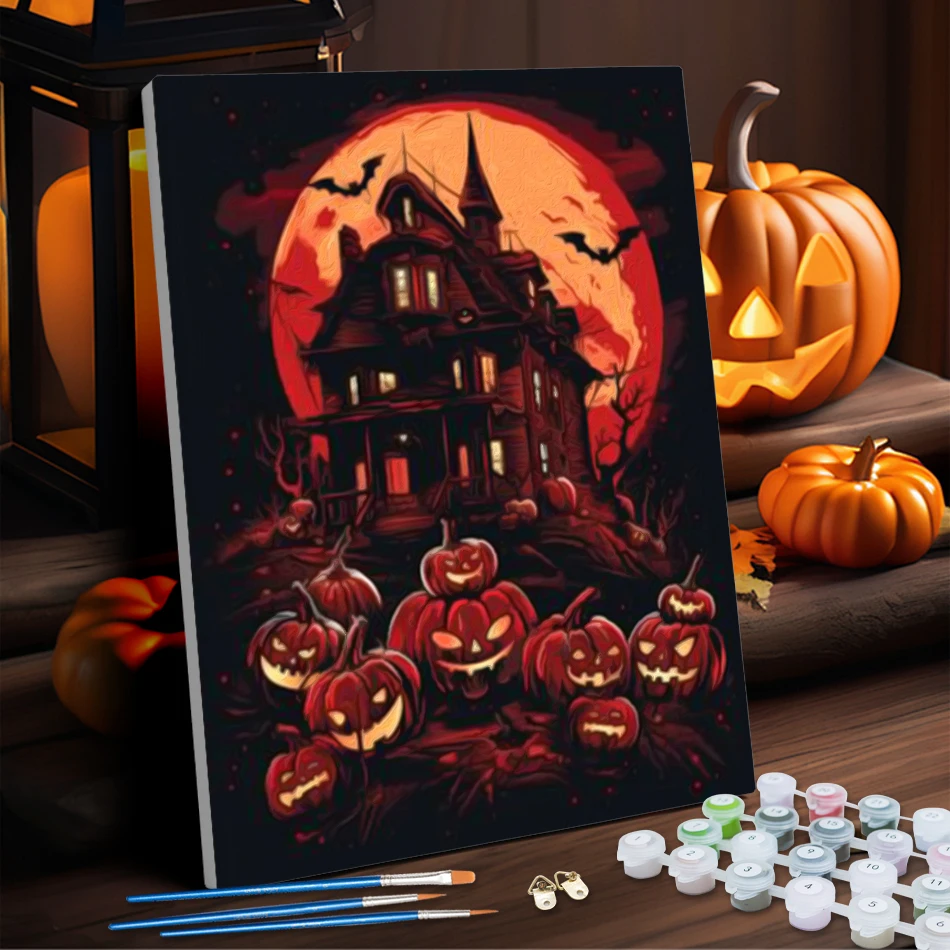 

RUOPOTY Painting By Number Adults Castle black red Halloween hand drawn Adult Coloring Canvas Picture Drawing By Numbers Crafts