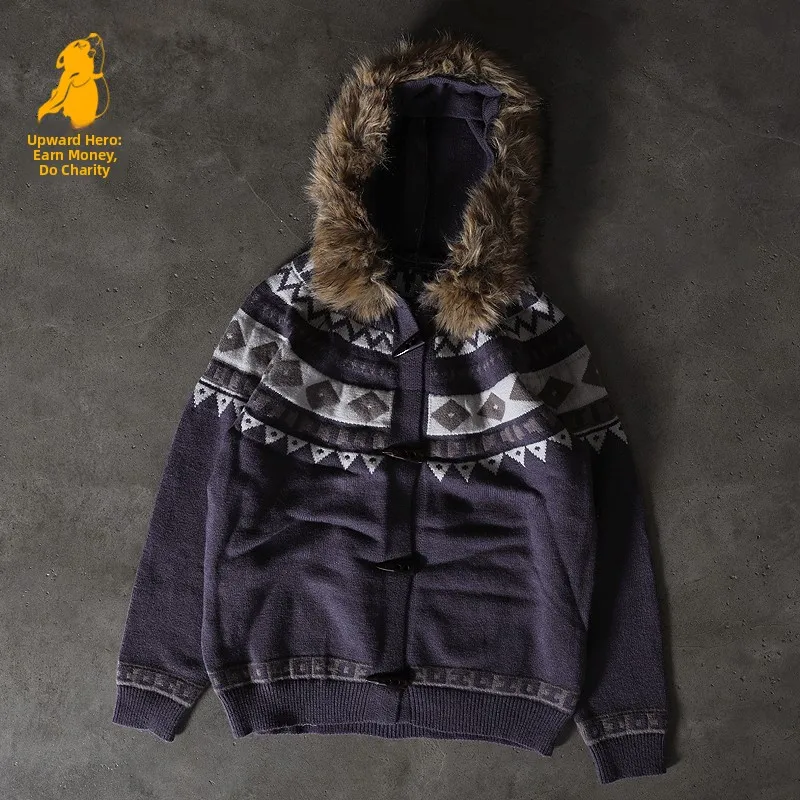 Thickened Knitted Sweater Coat for Men And Women with Detachable Fur Collar Upward Hero Style Casual Daily Wear Couples Clothes