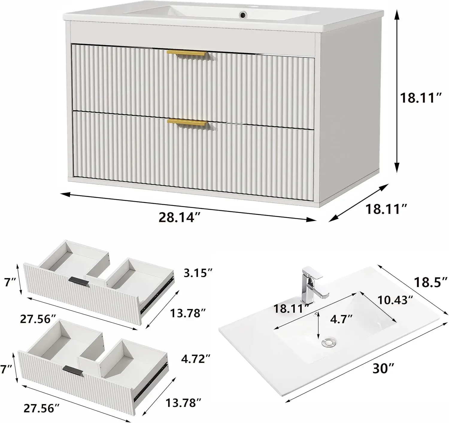 Tocador de baño flotante de 30 pulgadas con lavabo, tocador flotante de baño montado en la pared con lavabo de cerámica, 2 cajones, puertas de cierre suave