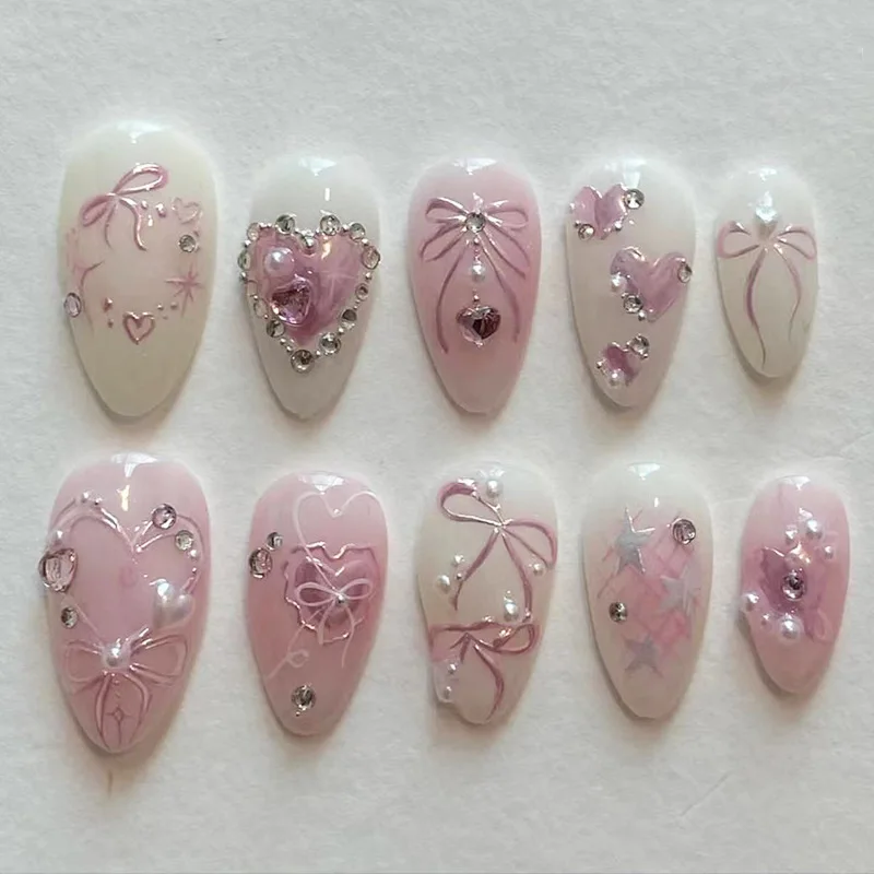 

24PCS Cute Sweet Press On Nails Almond Fake Nails Set Artificial Art Nails Finger Manicure For Women and Girls
