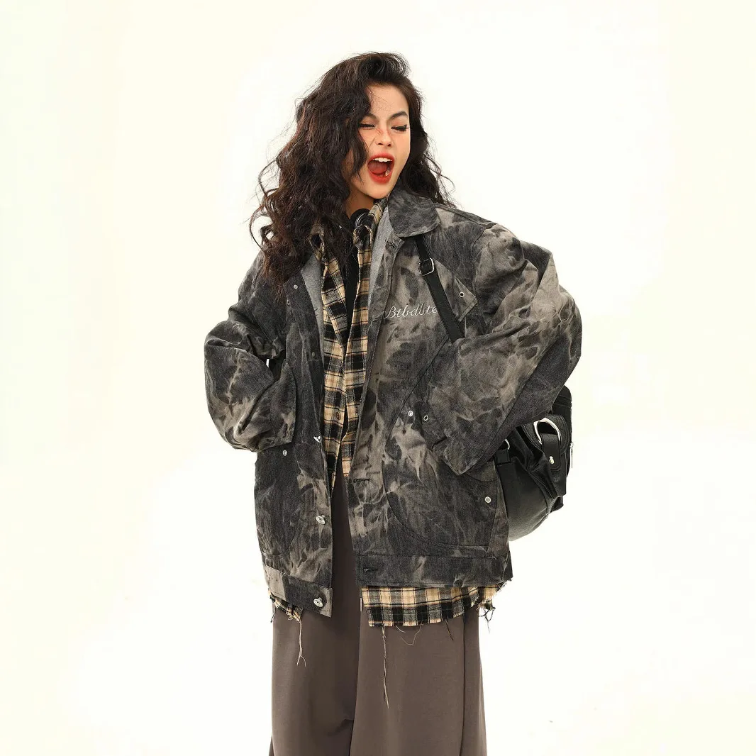 

Женская джинсовая куртка Y2k Vintage Tie Dye, мужские куртки из стираного хлопка в стиле ретро, модное джинсовое пальто большого размера