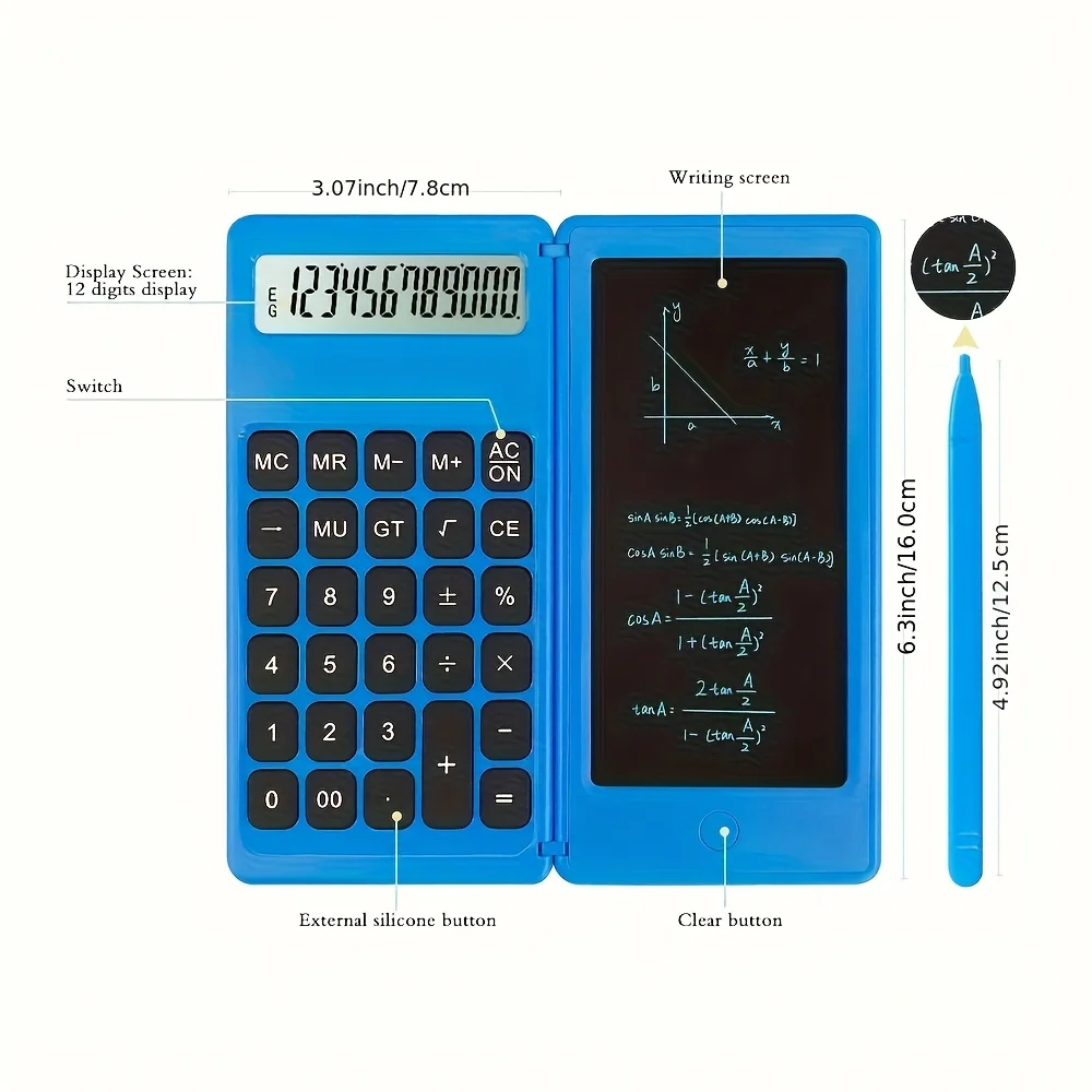 Foldable Calculator with Notepad & Stylus - Large LCD Screen, Portable Basic Math Calculator for Students, School Supplies, Offi
