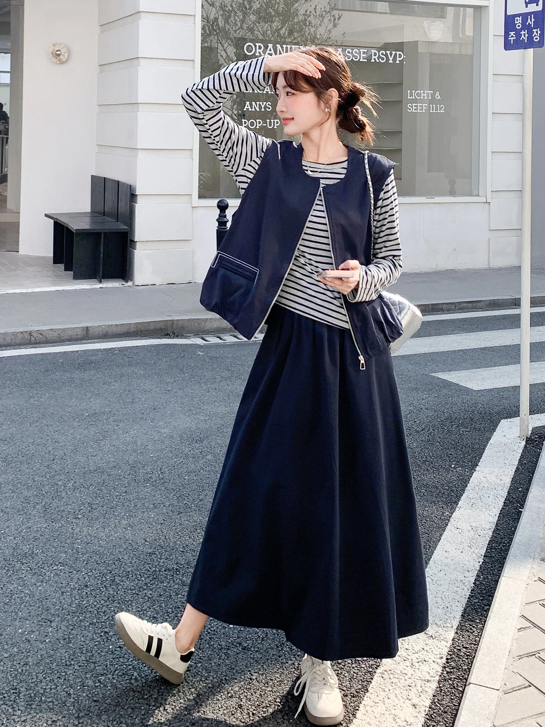 

Casual Sle Women's Denim Vest Striped T-irt A-line Skirt Set Spring Autumn Tee-piece Suite High Waist Zipper round Ne